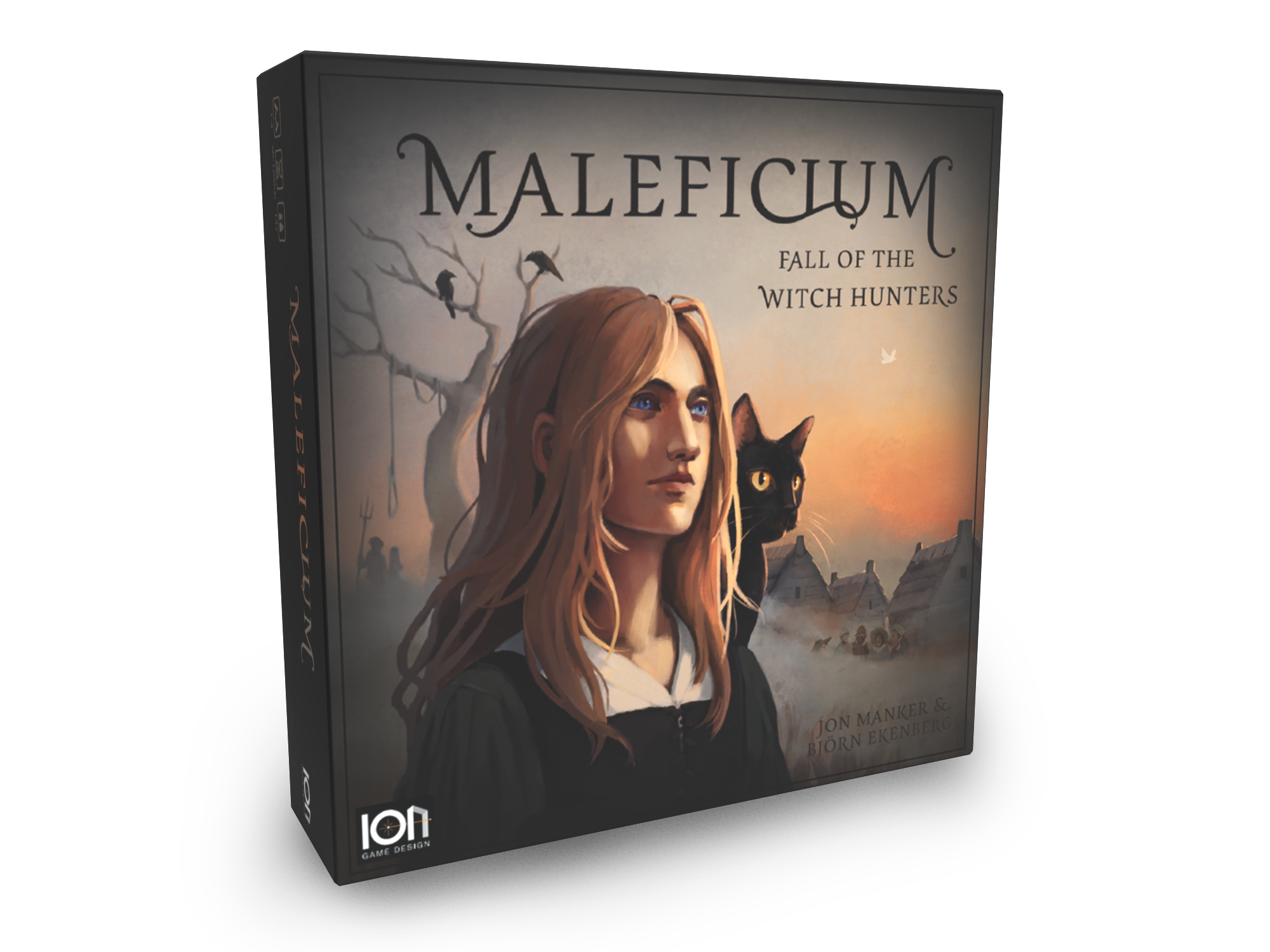 Board game box titled 'Maleficium: Fall of the Witch Hunters' with a woman and black cat illustration on a white background.