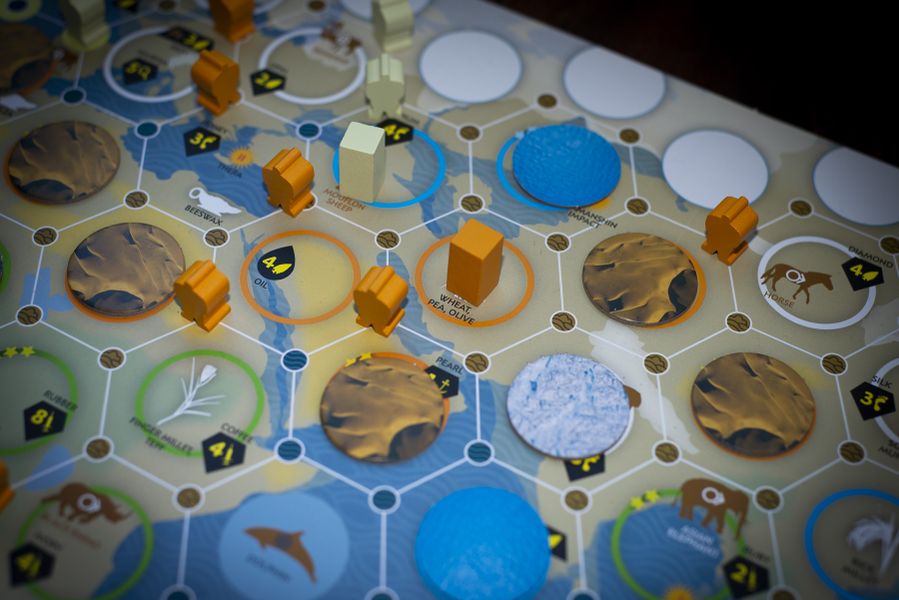 Bios: Origins (2nd edition board game) - game board set up with pieces and resource punchouts displayed on the game board