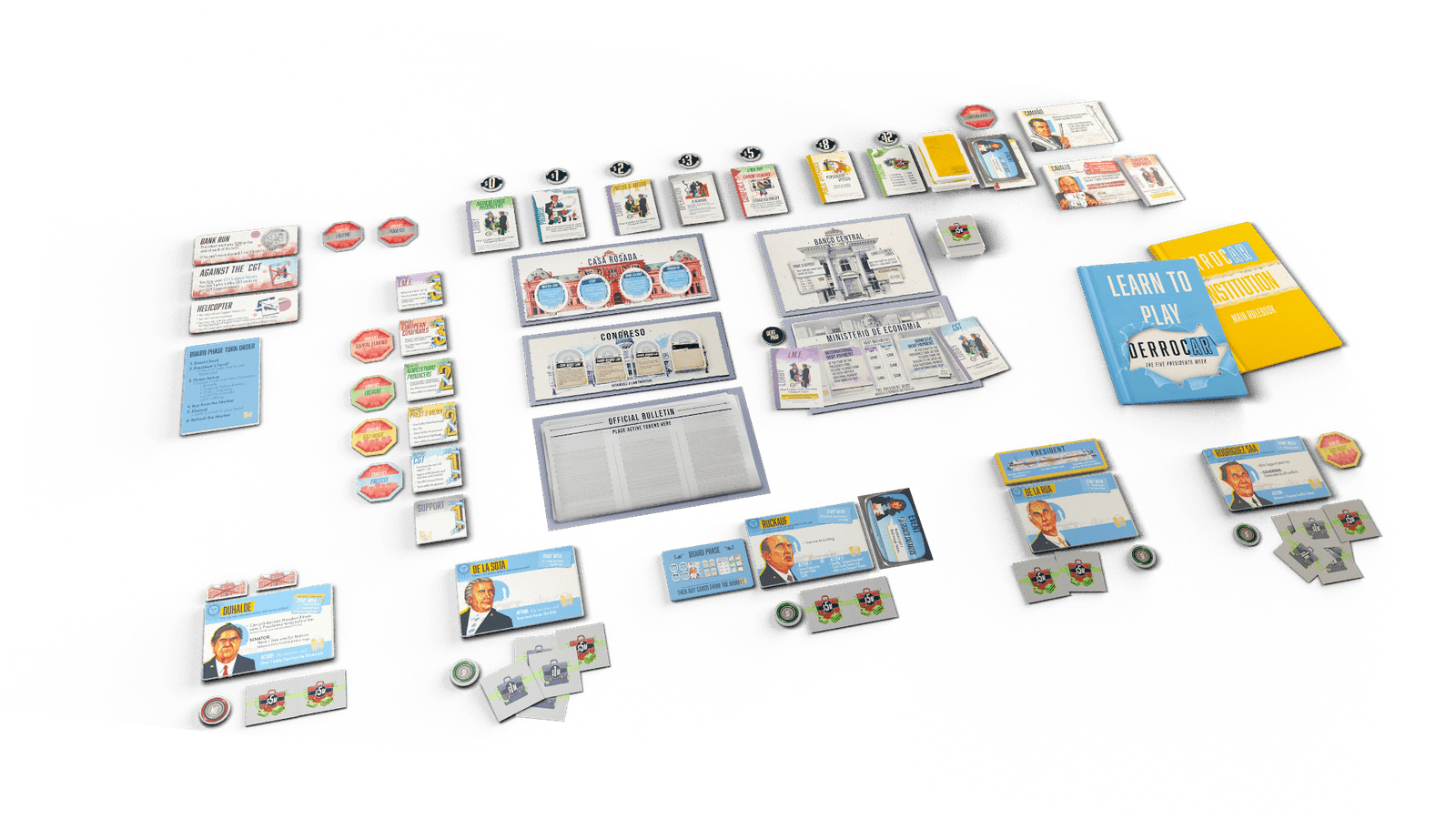 Derrocar board game - Comprehensive overview of game components displayed in the playing position