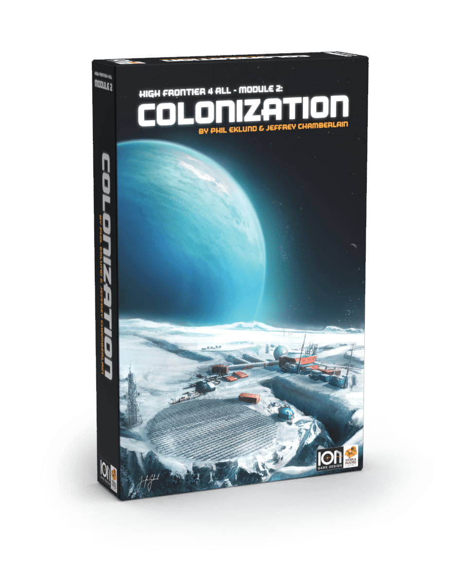 Box cover art for High Frontier 4 All: Colonization board game, featuring a space-themed design with colonies and a planet in the background.