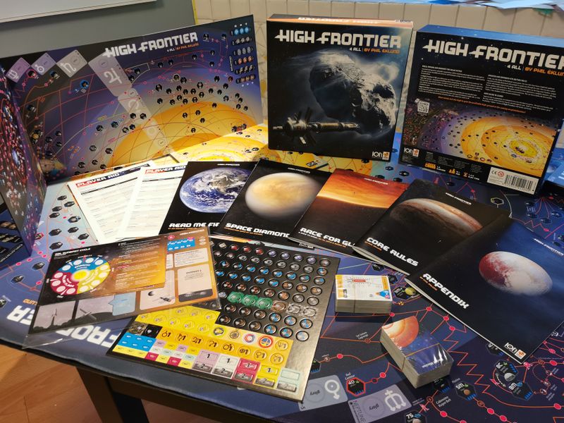 High Frontier 4 All Board Game - image of all included game components spread out on a table