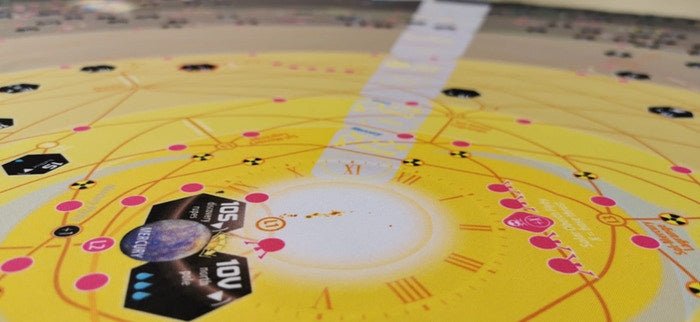 High Frontier 4: Neoprene mat - Expanded view of a section of the game mat, featuring the sun, mercury, and a few game tiles