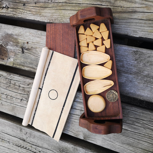 Hird : handmade wooden version - overhead view of game, opened, pieces displayed inside