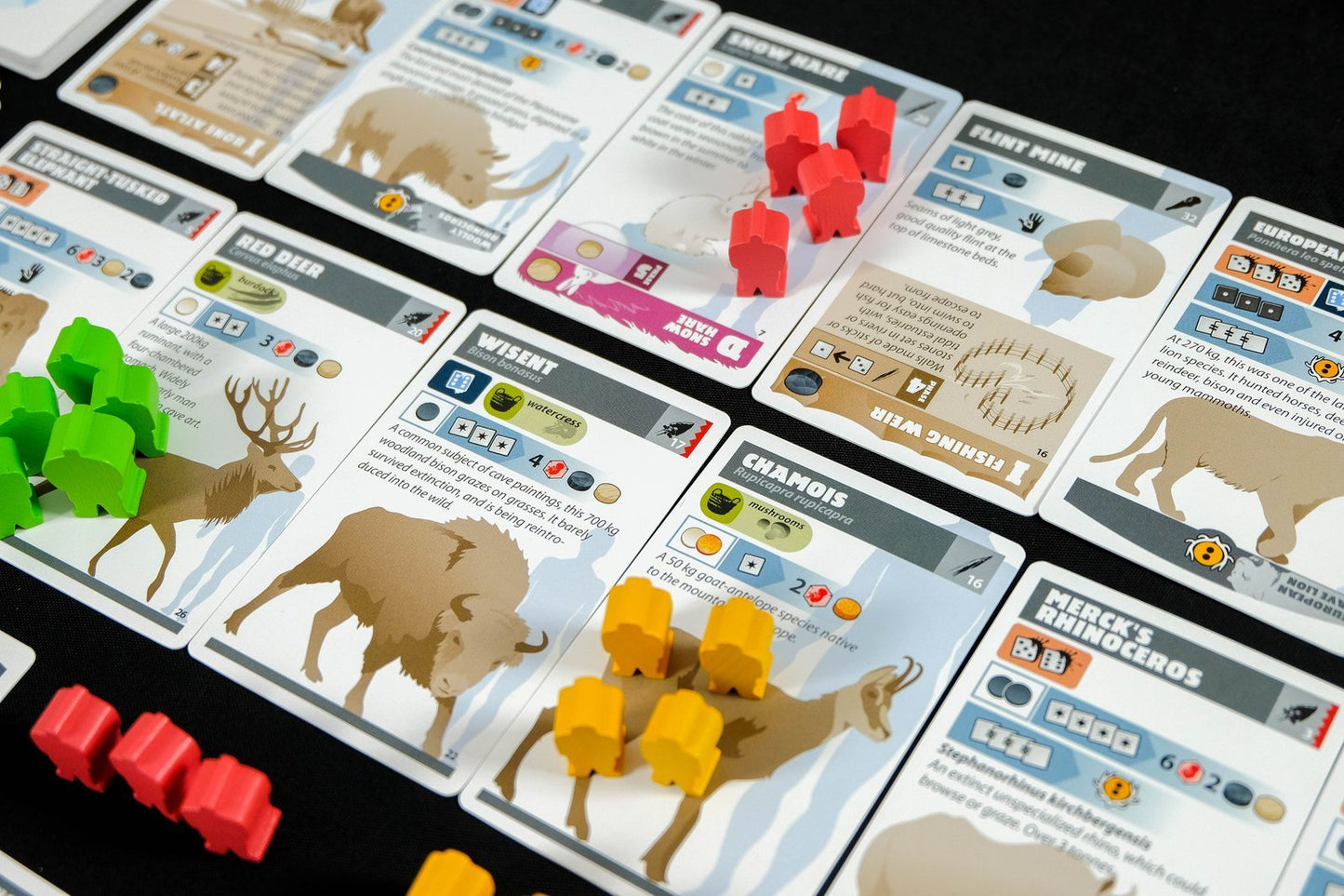 Neanderthal Board Game (2nd edition) - Expanded view of placards, cards, and tribesmen game play pieces