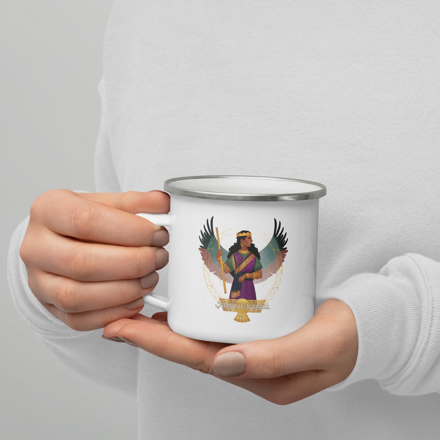 SAMMU-RAMAT: Enamel Mug - Front view of mug featuring the popular board game character