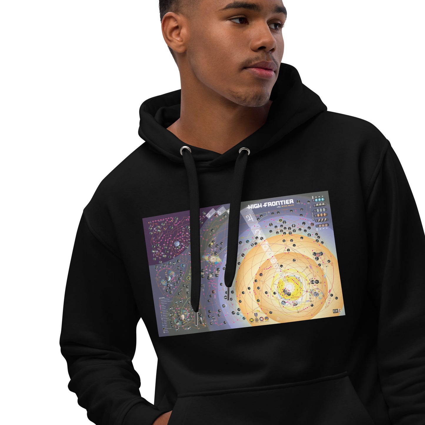 High Frontier 4 All Map Premium ECO Hoodie - Black version of the hoodie being worn