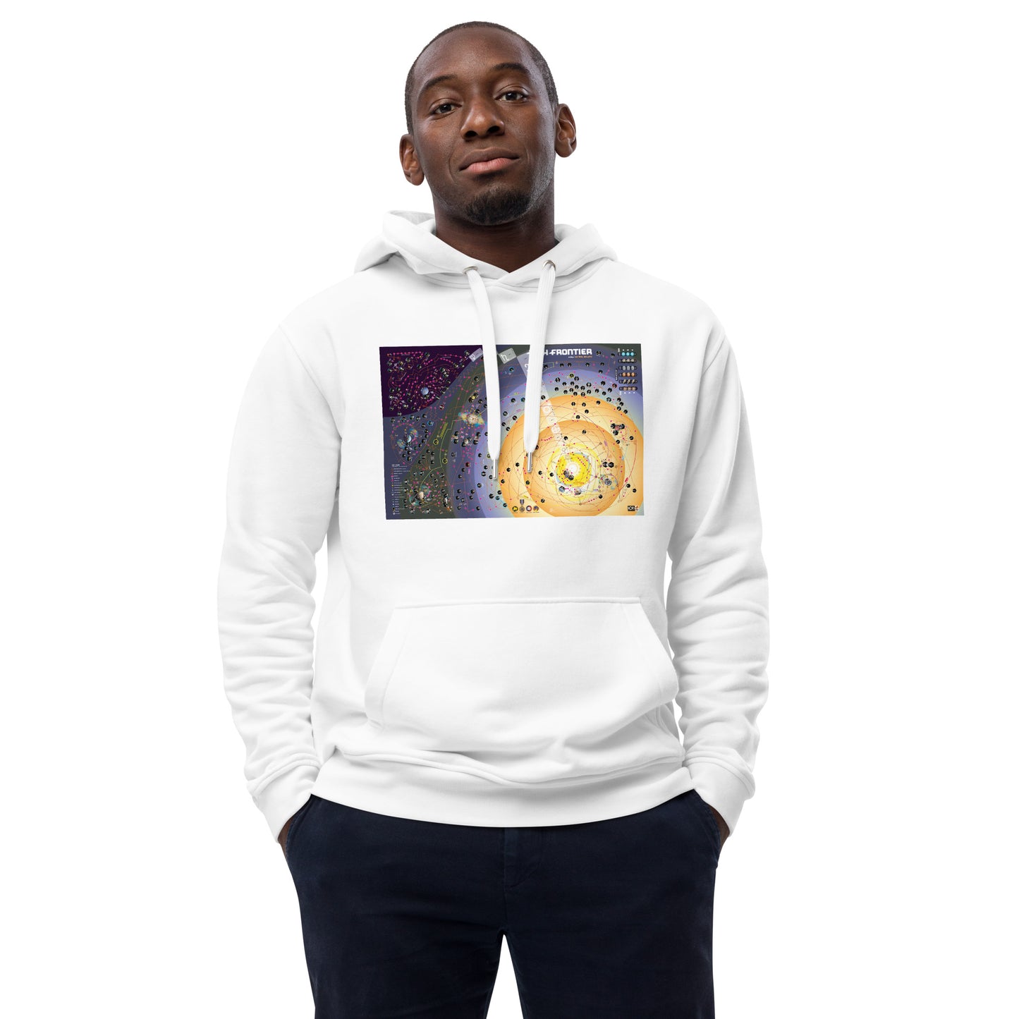 High Frontier 4 All Map Premium ECO Hoodie - White version of the hoodie being worn