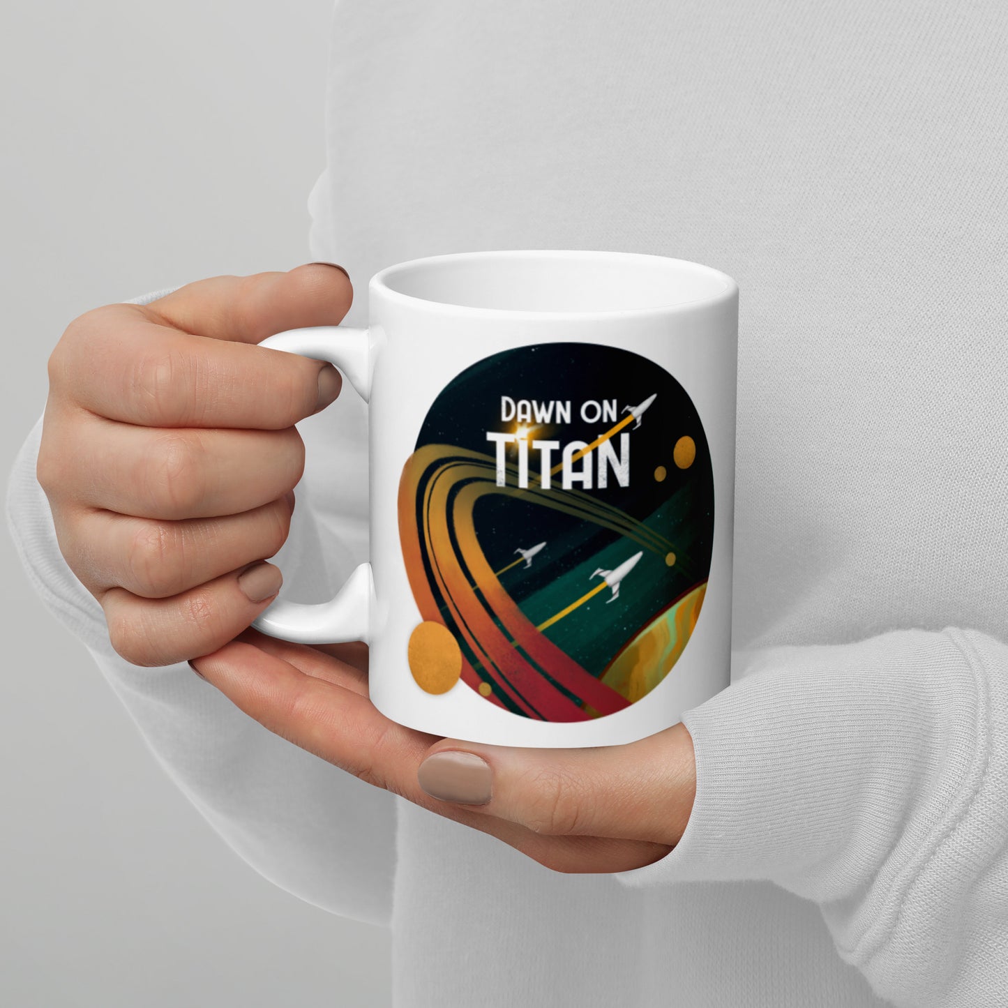 DAWN ON TITAN: Space Coffee Mug - front view of mug with game logo
