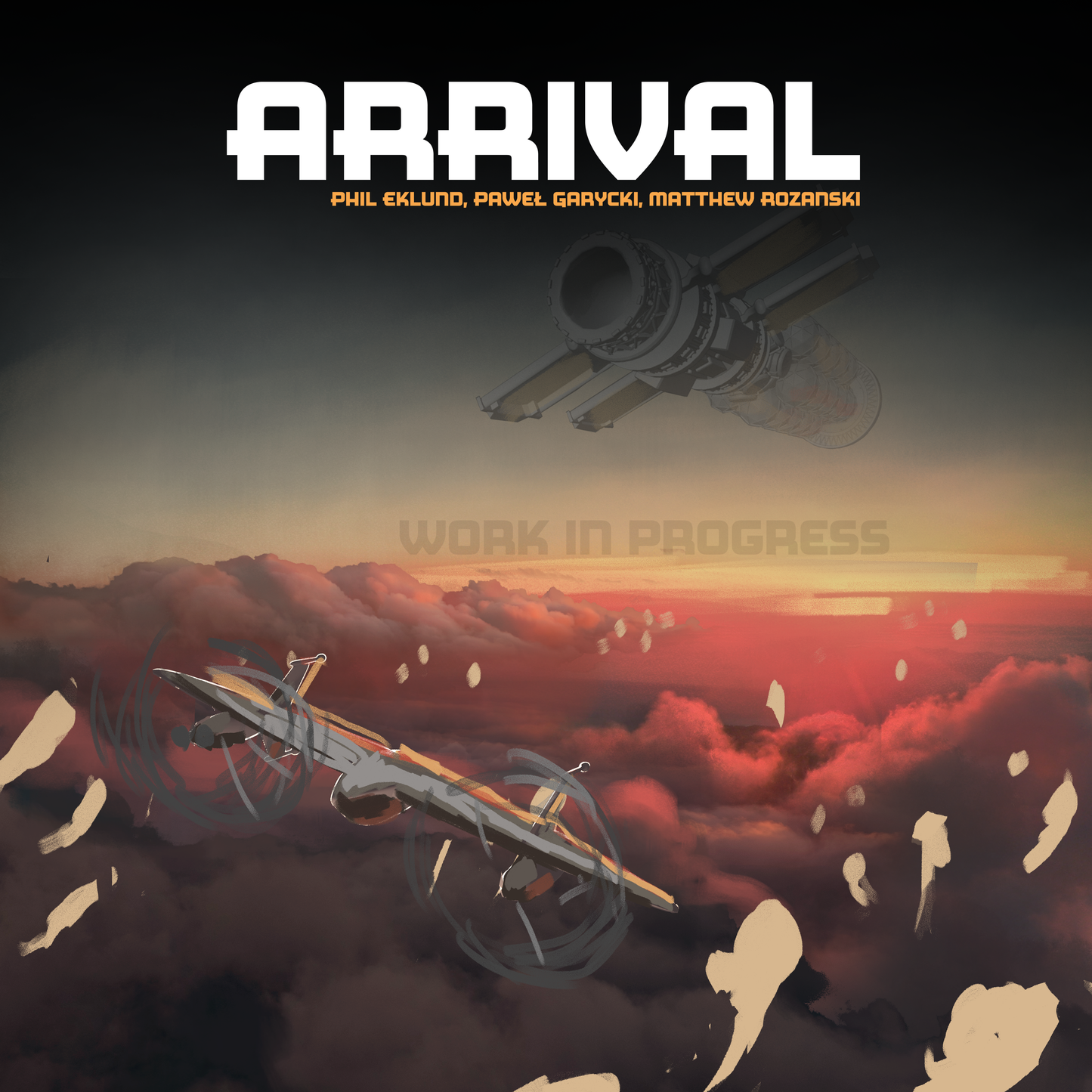 Album cover for 'Arrival' with futuristic spacecraft and landscape.