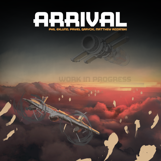 Album cover for 'Arrival' with futuristic spacecraft and landscape.