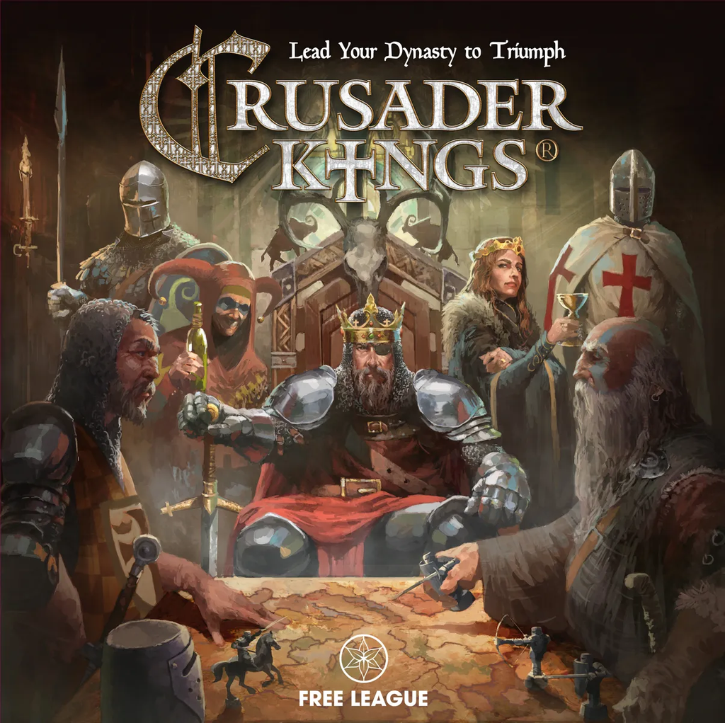 Front cover artwork for the board game Crusader Kings II, showing a medieval scene with armored kings, a queen, and other figures gathered around a table. The title 'CRUSADER KINGS' is prominently displayed at the top, with 'FREE LEAGUE' at the bottom.