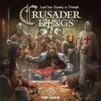 Front cover artwork for the board game Crusader Kings II, showing a medieval scene with armored kings, a queen, and other figures gathered around a table. The title 'CRUSADER KINGS' is prominently displayed at the top, with 'FREE LEAGUE' at the bottom.