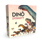 The image shows the product box for Dino Dynasty, a board game featuring various illustrated dinosaurs on the front.