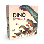 The image shows the product box for Dino Dynasty, a board game featuring various illustrated dinosaurs on the front.
