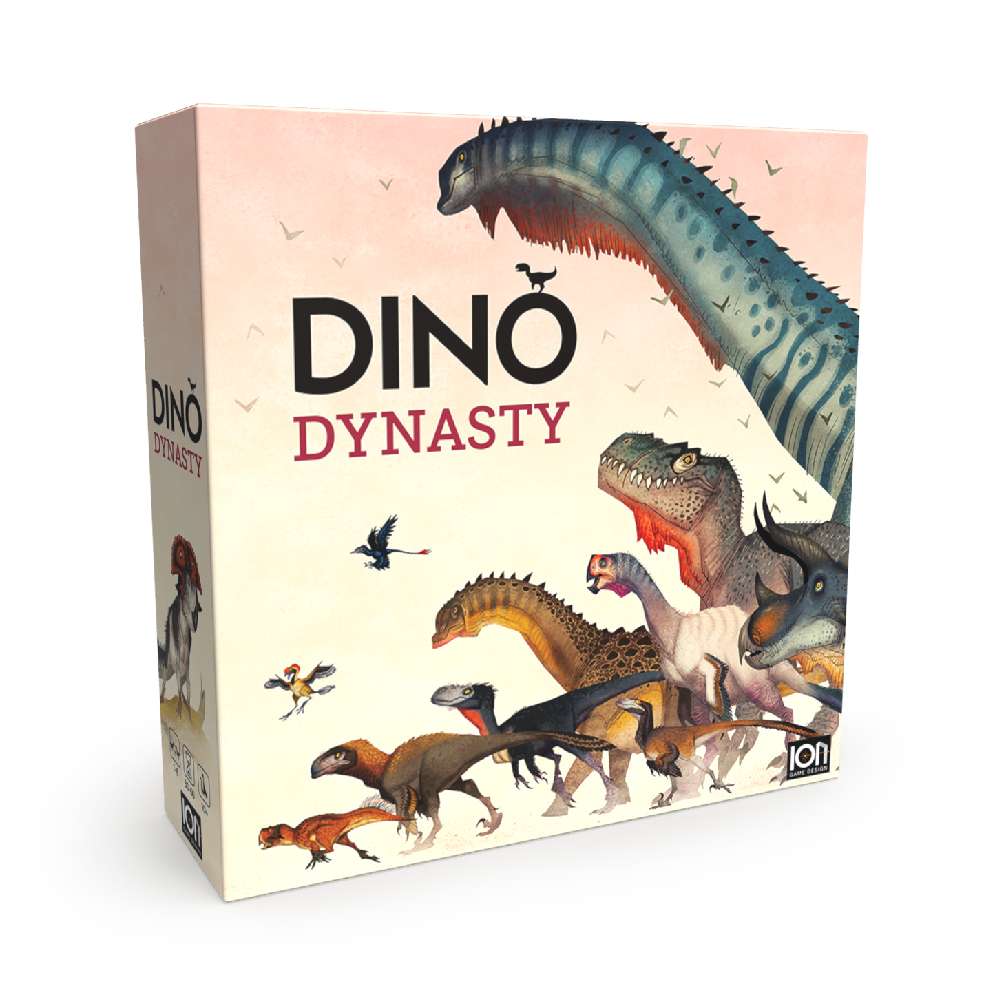 The image shows the product box for Dino Dynasty, a board game featuring various illustrated dinosaurs on the front.