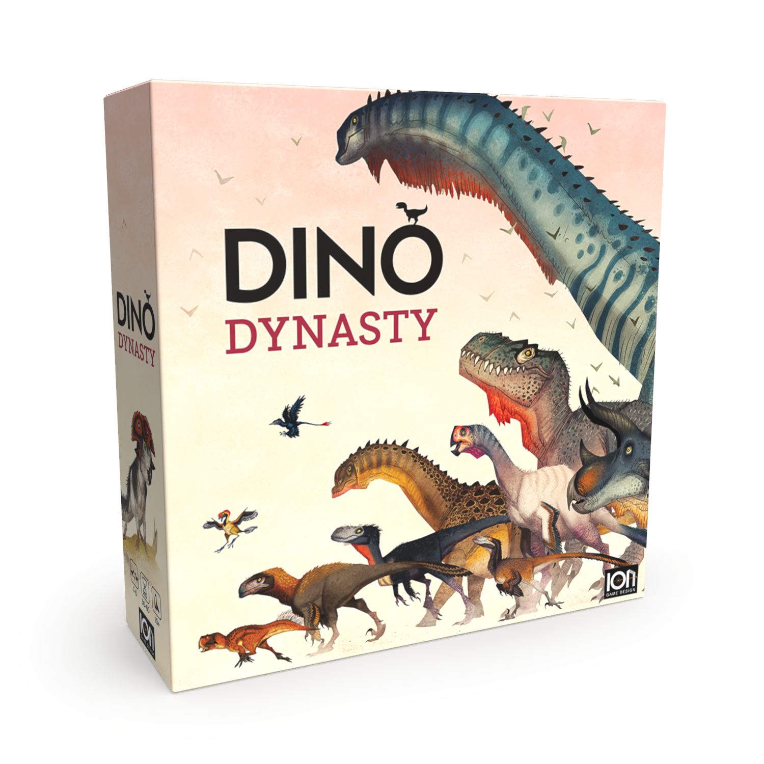 The image shows the product box for Dino Dynasty, a board game featuring various illustrated dinosaurs on the front.