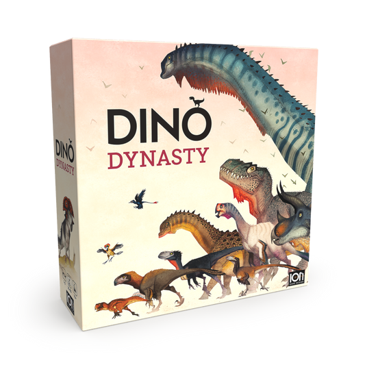 The image shows the product box for Dino Dynasty, a board game featuring various illustrated dinosaurs on the front.
