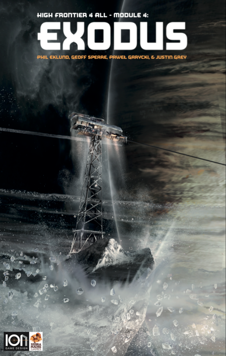 Cover of 'Exodus' module from High Frontier 4 All series with a tower and stormy background.