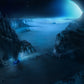 Cave entrance with a blue light illuminating the interior