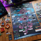 Overview of the game board with components and box, the game is in play.