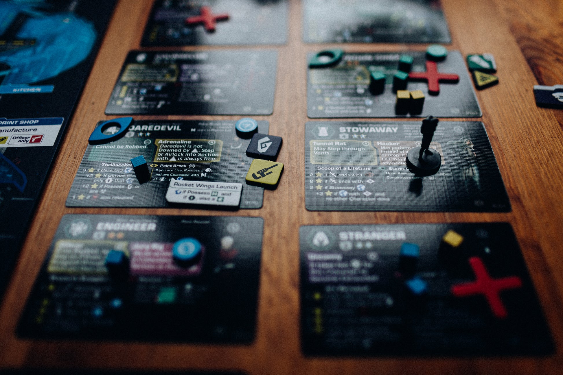 Close up of cards and components in play.