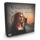 Board game box titled 'Maleficium: Fall of the Witch Hunters' with a woman and black cat illustration on a white background.