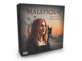 Board game box titled 'Maleficium: Fall of the Witch Hunters' with a woman and black cat illustration on a white background.