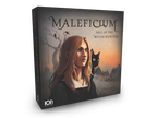 Board game box titled 'Maleficium: Fall of the Witch Hunters' with a woman and black cat illustration on a white background.