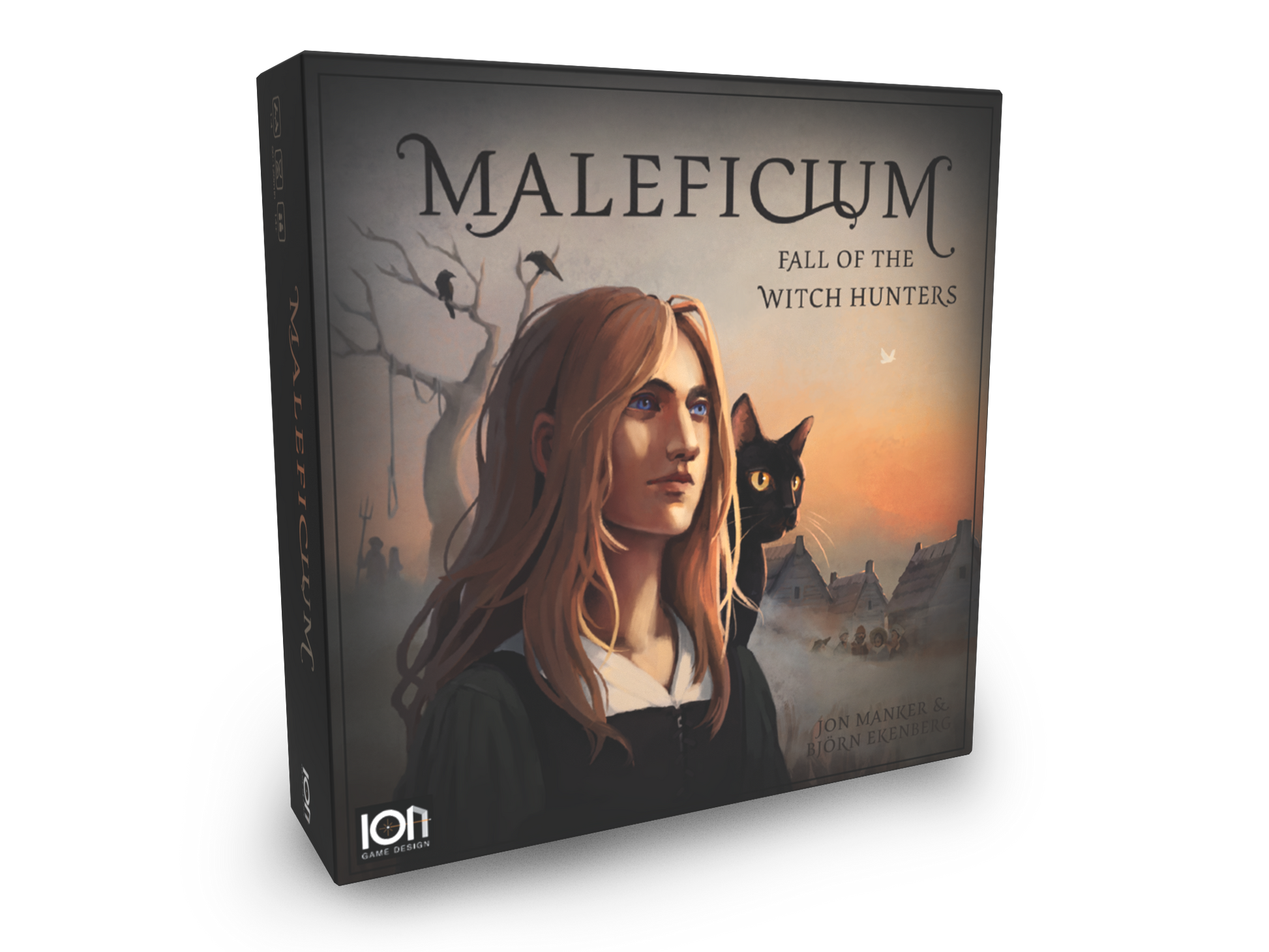 Board game box titled 'Maleficium: Fall of the Witch Hunters' with a woman and black cat illustration on a white background.