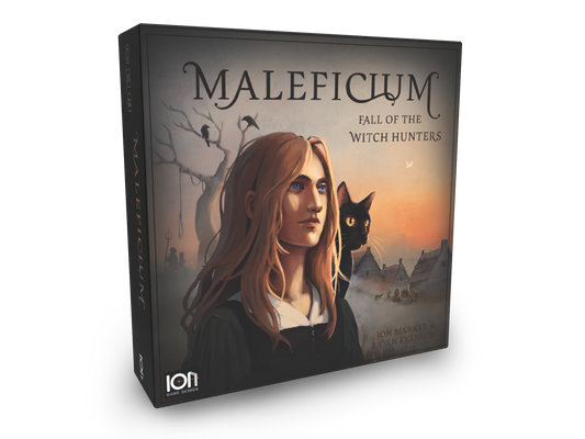 Board game box titled 'Maleficium: Fall of the Witch Hunters' with a woman and black cat illustration on a white background.