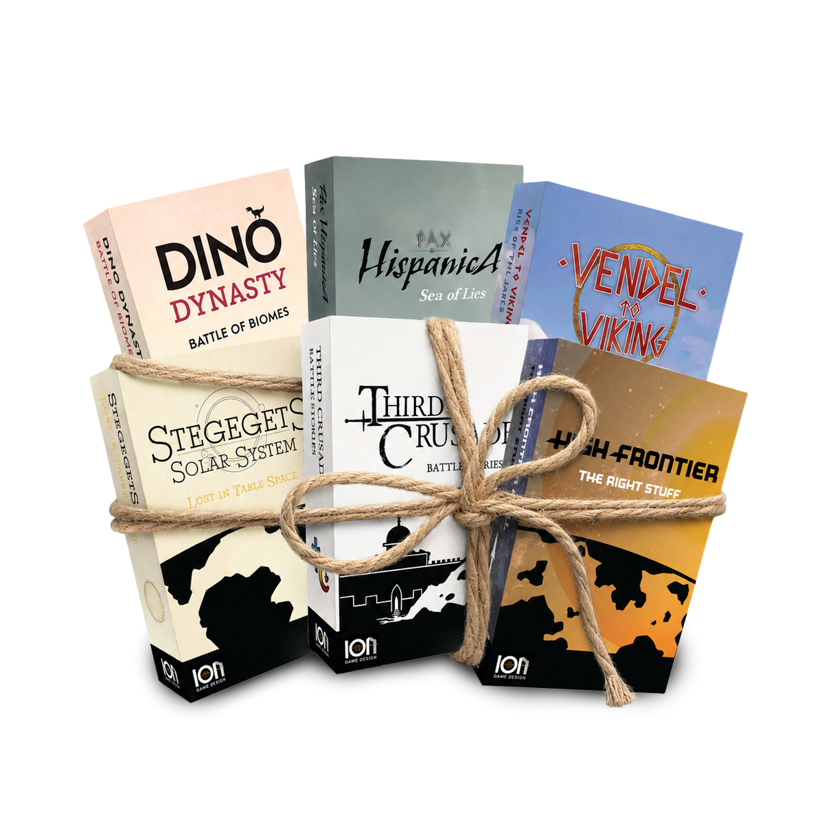 Five boxed card games bundled together with a rustic twine bow, photographed on a clean white background. The boxes feature different cover designs and titles including Dino Dynasty, Hispánica, Vendel and Vikings, Stegegeets Solar System, and Third Crusade, with ION branding visible on the front.