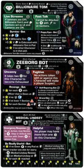 Three game character cards with detailed text and illustrations on a black background
