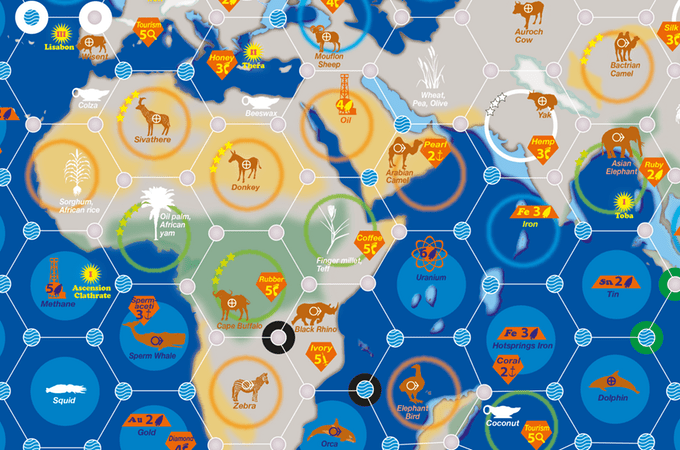 Bios: Origins (2nd edition board game) - game board with punchouts, animal tiles, and resource tuiles, each with different value to the game.