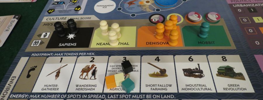 Bios: Origins (2nd edition board game) - elder pawns on their respective spots with their corresponding colored cubed tokens 