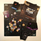 Dawn on Titan Board Game - all components of game, including instruction manual, play cards, space ship pieces, and upgrade tokens