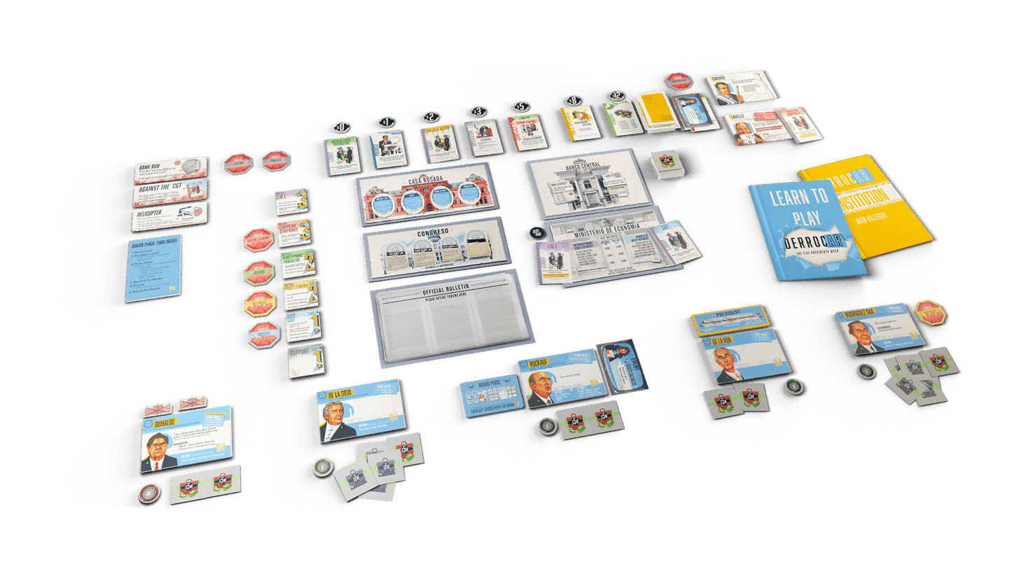Derrocar board game - Comprehensive overview of game components displayed in the playing position