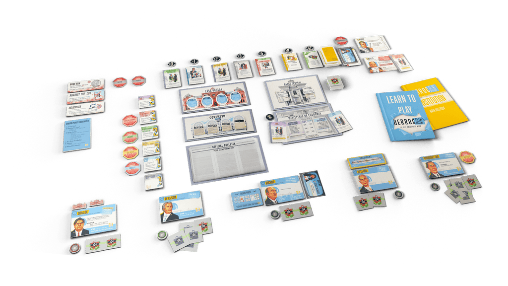 Derrocar board game - Comprehensive overview of game components displayed in the playing position