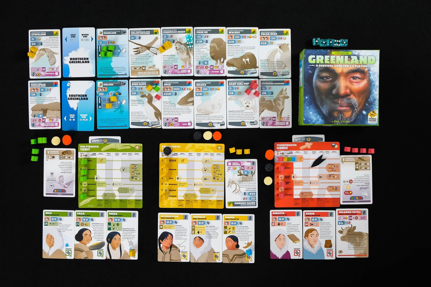 Greenland board game (3rd edition) - Organized view of the different game play pieces, cards, placards, tokens, tribesmen, and custom meeples