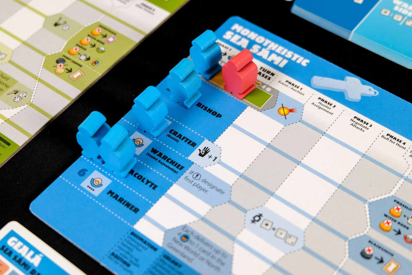 Player aid card, expanded view, featuring meeples  placed on the card in playing positions