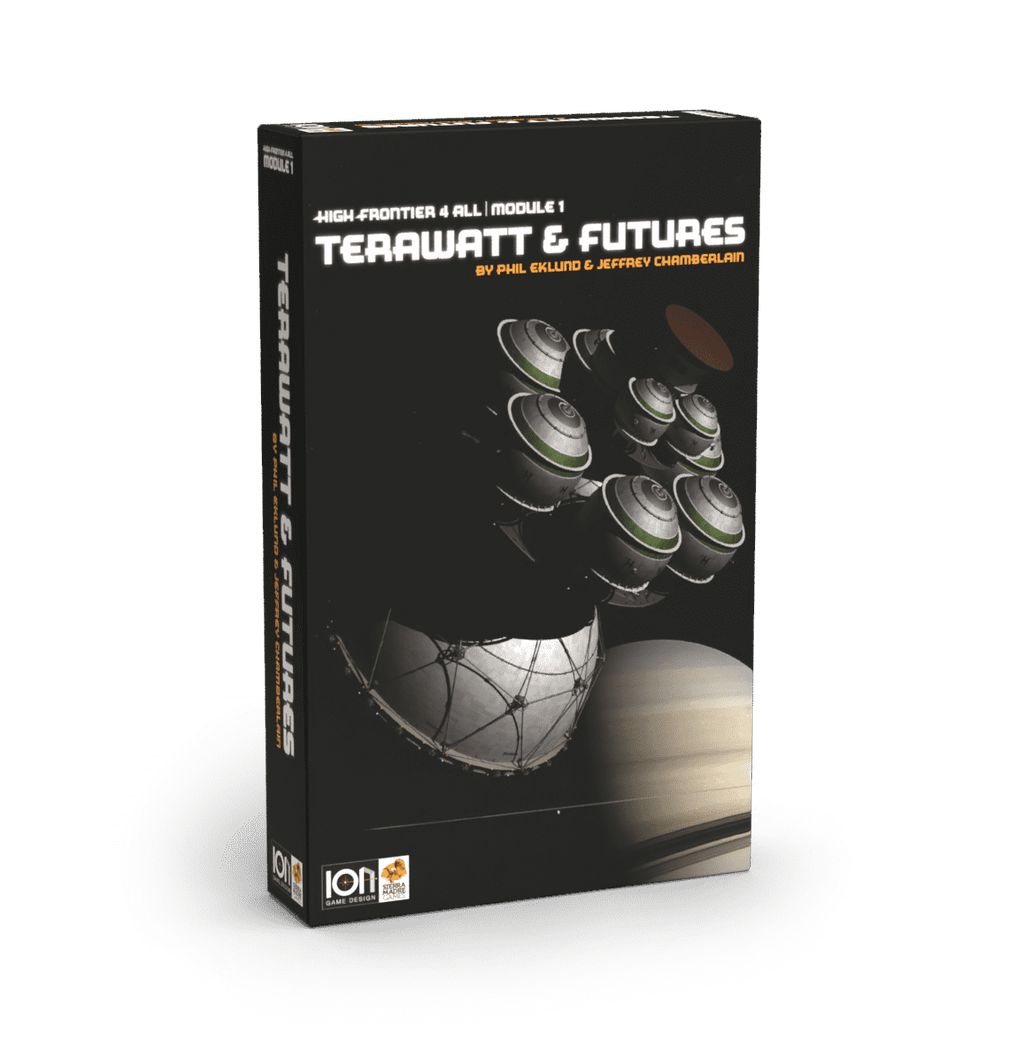 A boxed board game set 'High Frontier 4 All Module 1 - Terawatt Add-on', featuring space-themed artwork with a spacecraft and planets.