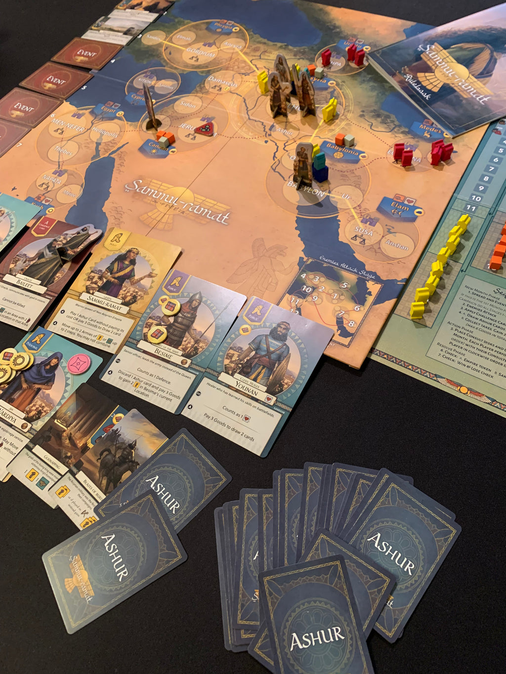Sammu-Ramat Board Game - Expanded view of the board and game components (Character cards and empire meeples)