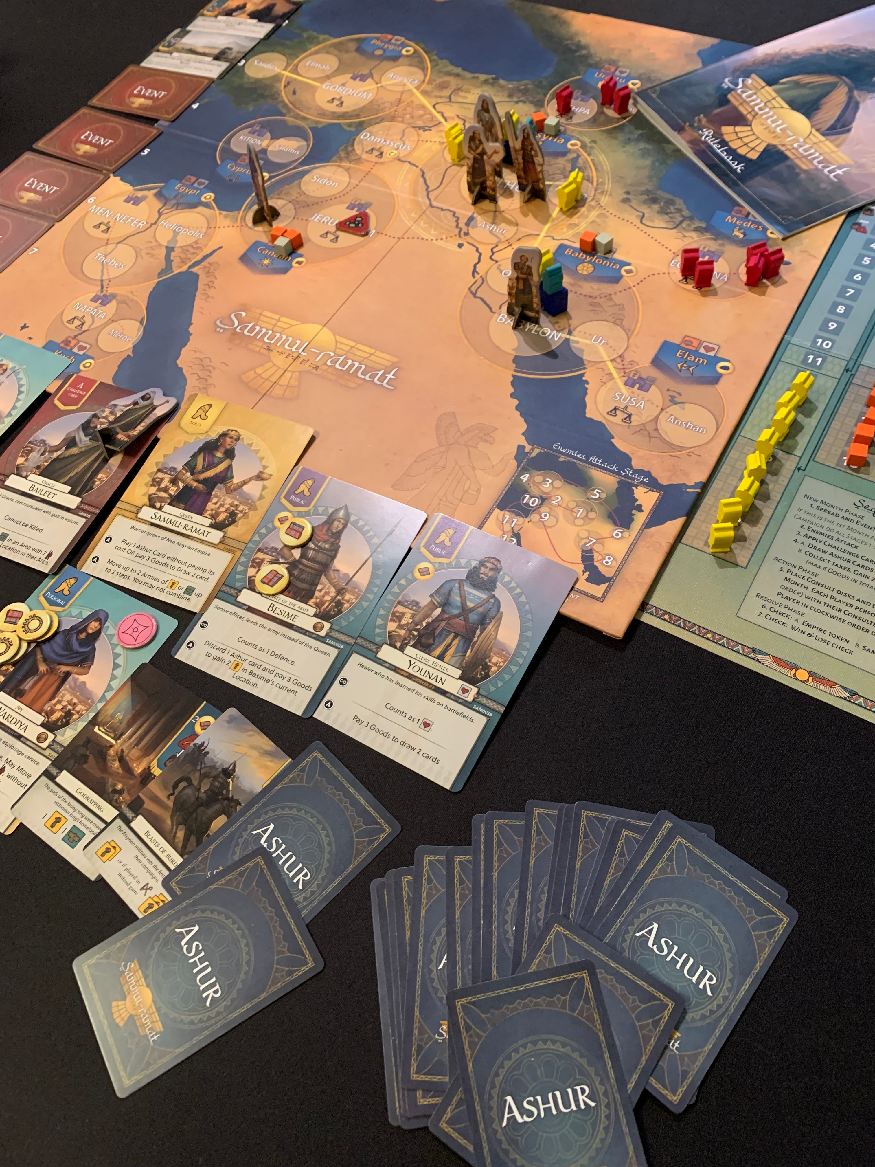 Sammu-Ramat Board Game - Expanded view of the board and game components (Character cards and empire meeples)