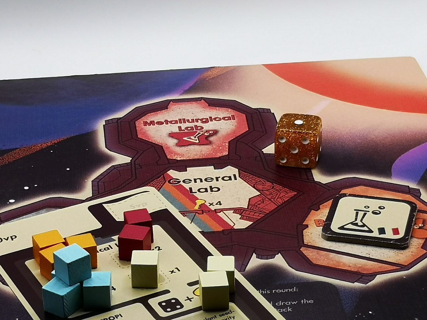 Fluffy Frontier Board Game - site card, die, experiment card, colored cubes