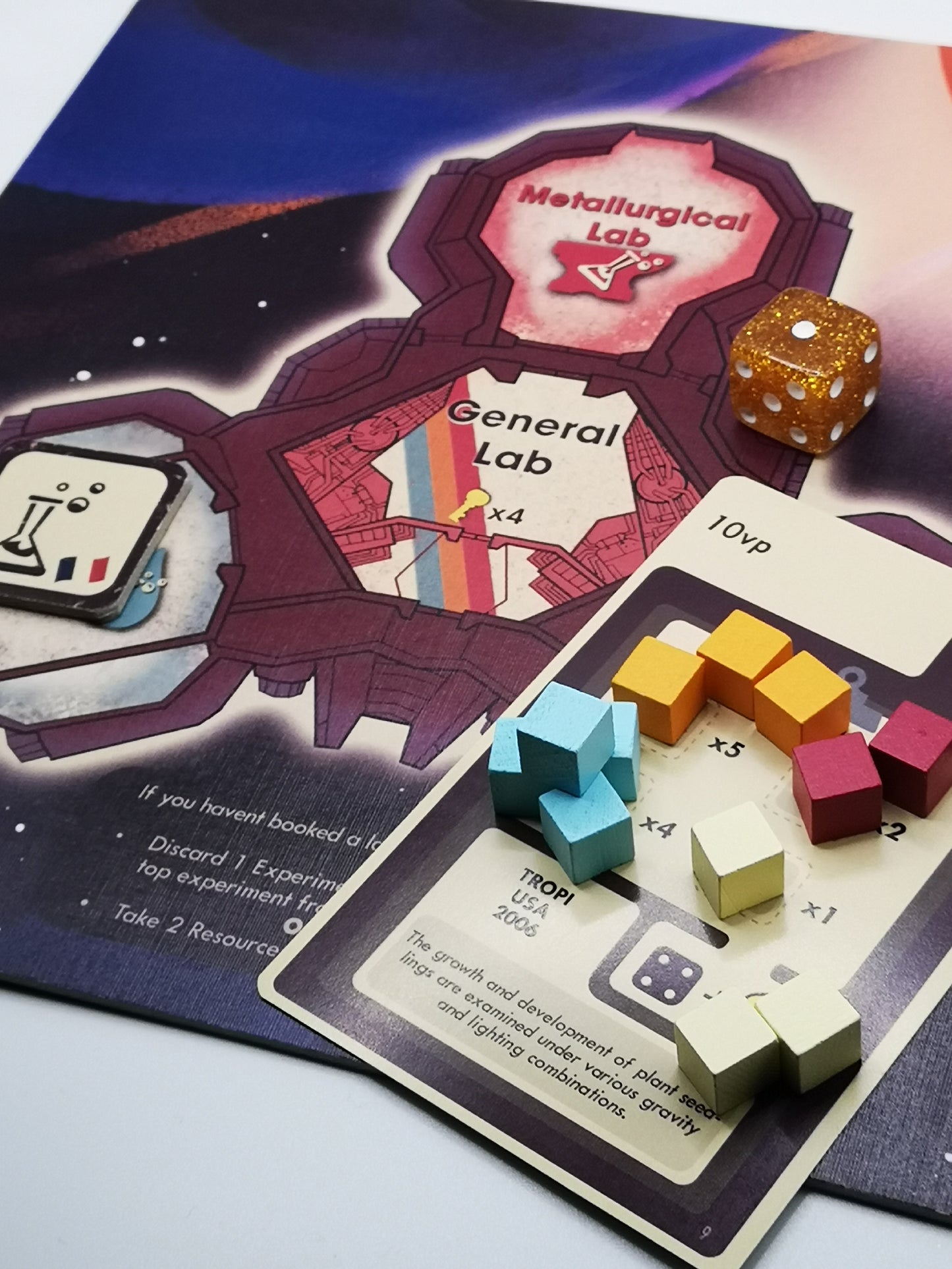 Fluffy Frontier Board Game - site card, die, experiment card, colored cubes