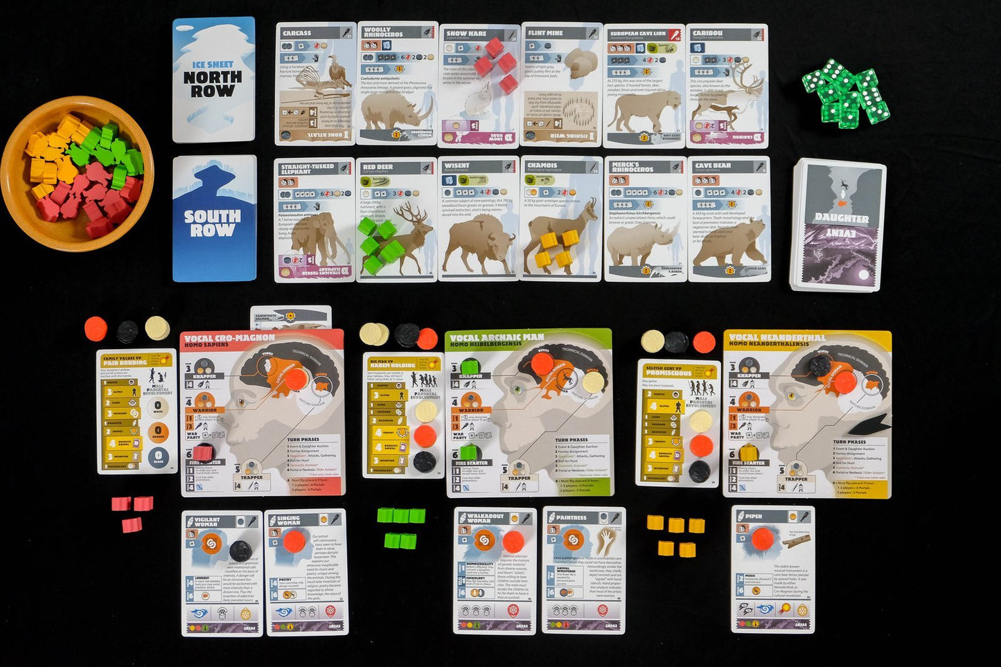 Neanderthal Board Game (2nd edition) - Organized view of the different game play pieces, cards, placards, tokens, and tribesmen