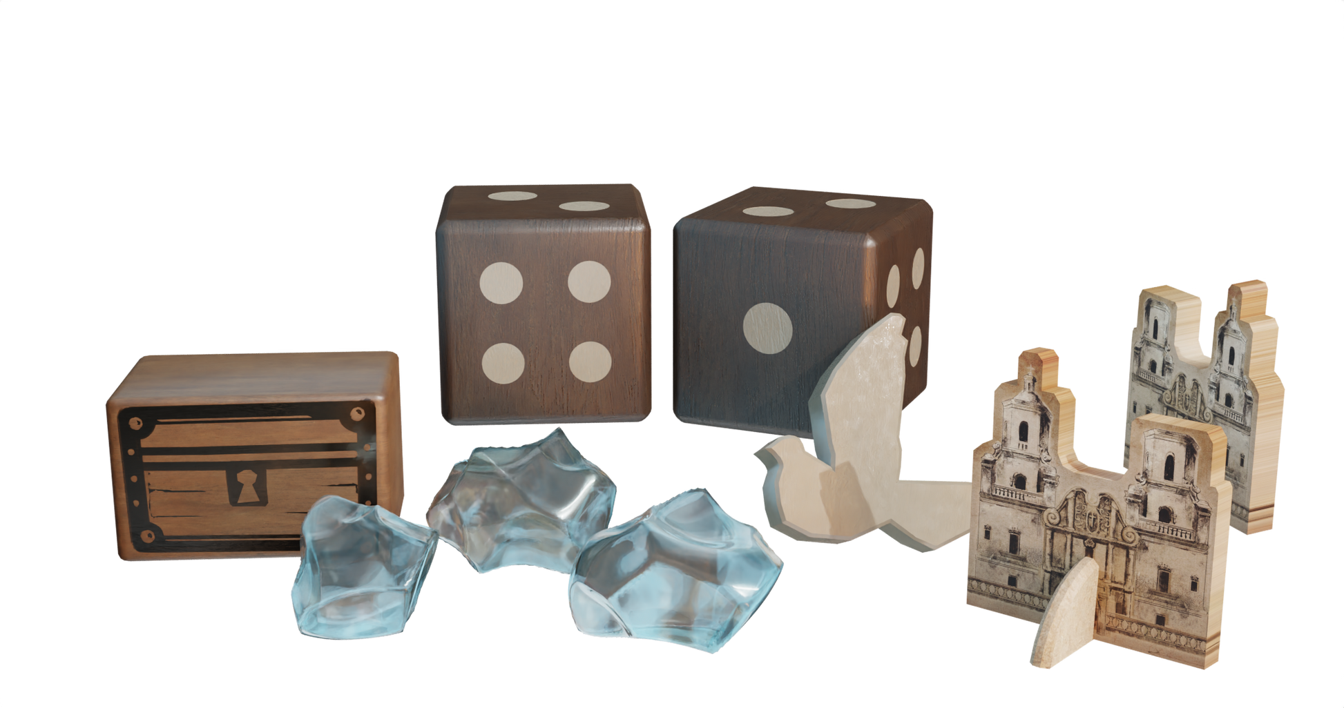 PAX Hispanica Board Game Deluxe Edition - Expanded 3D view of dice, crystal pieces, dove, and cathedral punchouts