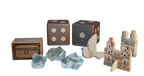 PAX Hispanica Board Game Deluxe Edition - Expanded 3D view of dice, crystal pieces, dove, and cathedral punchouts