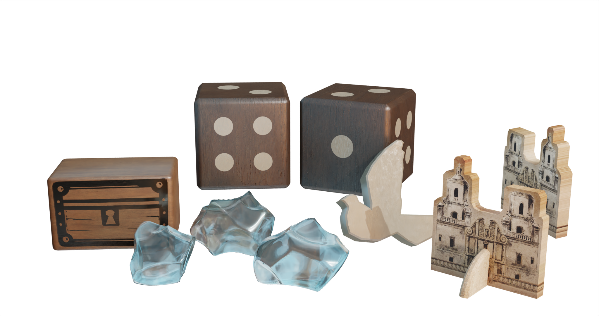 PAX Hispanica Board Game Deluxe Edition - Expanded 3D view of dice, crystal pieces, dove, and cathedral punchouts