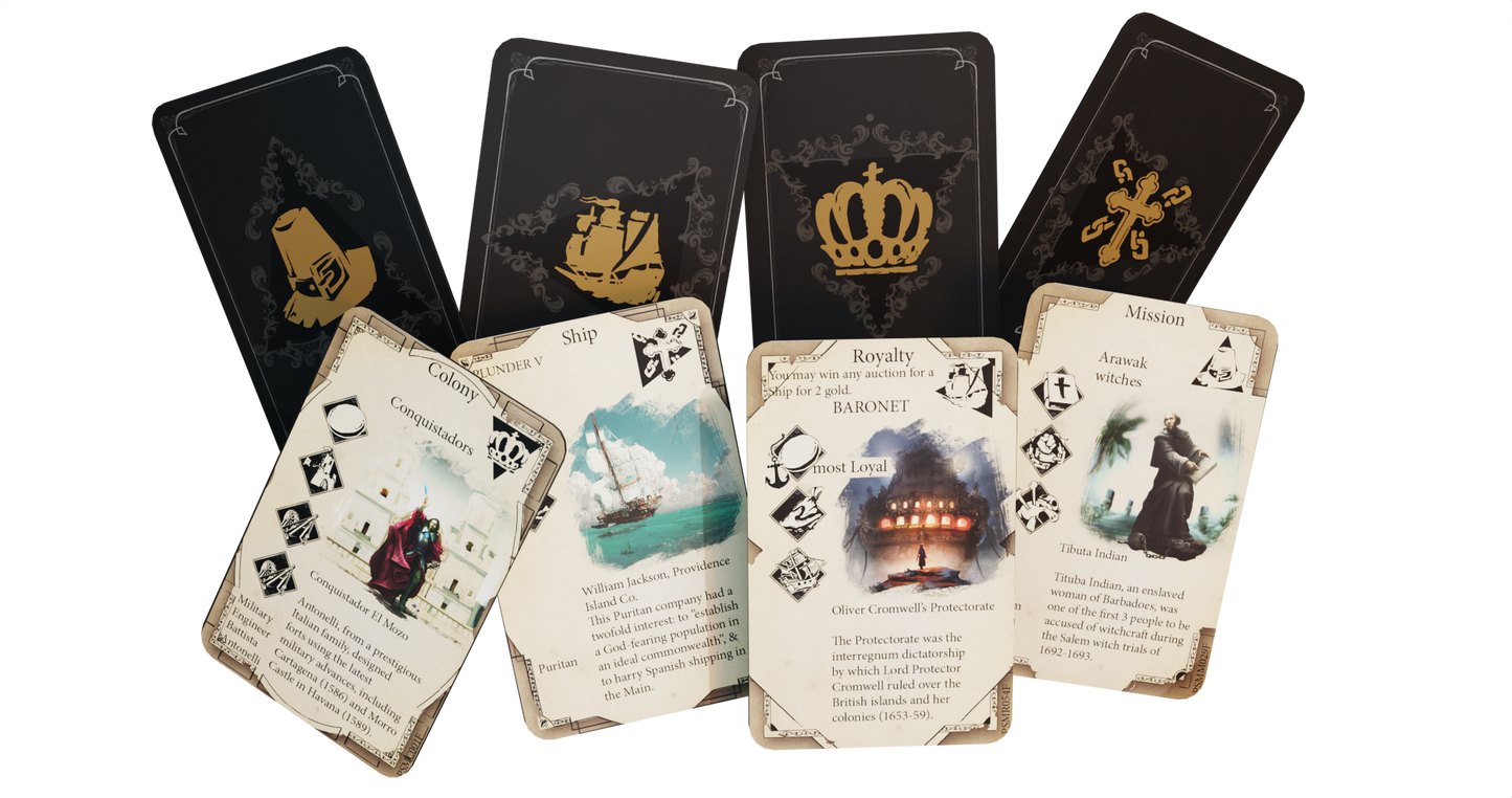Pax Hispanica board game - the four types of cards: colony, ship, royalty, mission