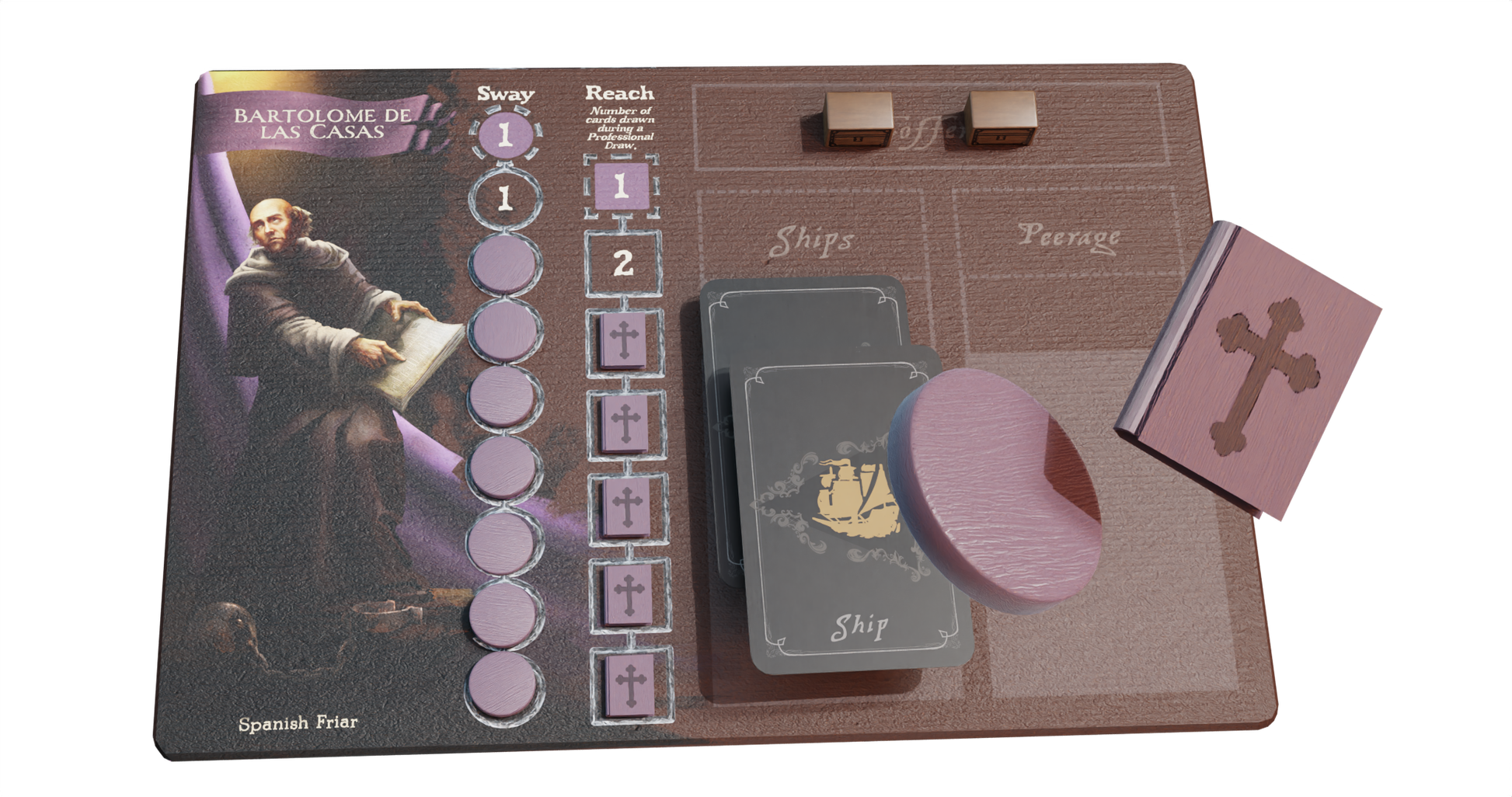 PAX Hispanica Board Game Deluxe Edition - Expanded view of the Spanish Friar, Bartolome De Las Casas', character card, accompanied with Bible tokens, and ship cards.